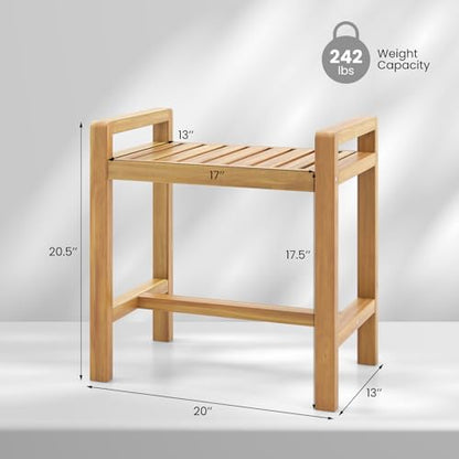 Giantex Teak Wood Shower Bench - 20" Waterproof Shower Stool with Handles and Slatted Seat for Inside Shower, Shaving Legs, Bath Tub Shower Seat, Bathroom Stool for Elderly Seniors
