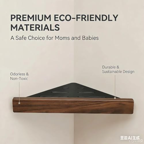 Corner Shelf 1 Pack, Solid Wood Triangle Wall Mounted Shelf, Adhesive or Screws, No Drill or Permanent Mount, Shower Storage for Bathroom Kitchen, Rust Proof BPA Free