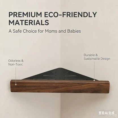 Corner Shelf 1 Pack, Solid Wood Triangle Wall Mounted Shelf, Adhesive or Screws, No Drill or Permanent Mount, Shower Storage for Bathroom Kitchen, Rust Proof BPA Free