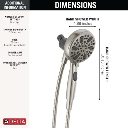 Delta Faucet 6-Spray SureDock Magnetic Shower Head with Handheld Spray, Brushed Nickel Shower Head with Hose, Showerheads & Handheld Showers, MagnaTite Docking, Stainless 75609SN - color: Stainless