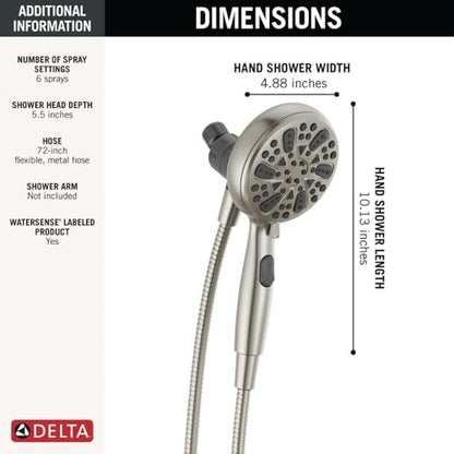 Delta Faucet 6-Spray SureDock Magnetic Shower Head with Handheld Spray, Brushed Nickel Shower Head with Hose, Showerheads & Handheld Showers, MagnaTite Docking, Stainless 75609SN - color: Stainless