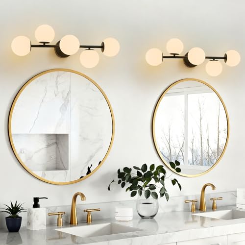 Modern Bathroom Vanity Light Fixtures,LED Matte Black Wall Sconce Lighting | 5 Lights Milk Glass Globe Vanity Light, Makeup Bathroom Vanity Lights,Dimmable Brass Mid Century Wall Sconces over Mirror - color: Black Milk Glass, size: Integrated LED