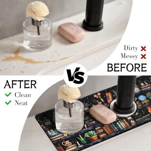 Halloween Kitchen Sink Splash Guard Faucet Mat,Black Witches Bookshelf Skulls Halloween Faucet Non-slip Absorbent Mat,Farmhouse Sink Splash Guard Behind Faucet for Kitchen Bathroom,15"x5.5" - color: Drying Faucet Mat 16