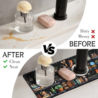 Halloween Kitchen Sink Splash Guard Faucet Mat,Black Witches Bookshelf Skulls Halloween Faucet Non-slip Absorbent Mat,Farmhouse Sink Splash Guard Behind Faucet for Kitchen Bathroom,15"x5.5" - color: Drying Faucet Mat 16