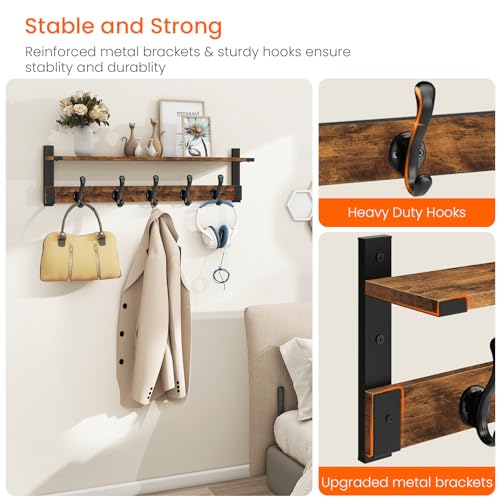 Homode Coat Rack Wall Mount, 29 Inch Long Shelf with Hooks, Wood Entryway Shelf with 5 Hangers for Hanging Hat Jacket Backpack Purse, Rustic Brown Black - color: Rustic Brown, size: 29 Inch Long