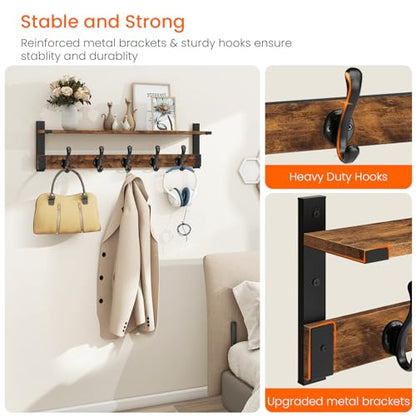 Homode Coat Rack Wall Mount, 29 Inch Long Shelf with Hooks, Wood Entryway Shelf with 5 Hangers for Hanging Hat Jacket Backpack Purse, Rustic Brown Black - color: Rustic Brown, size: 29 Inch Long