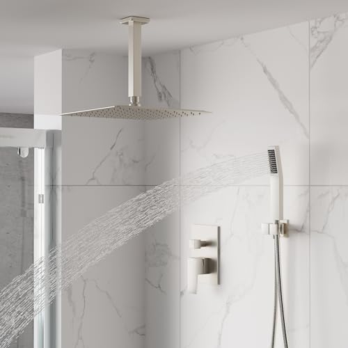 WELLFOR 12-In Ceiling Mount Shower System with Single Handle, Pressure-balanced Valve Included, Waterfall Dual Head Shower Head System, Rain Shower System, Shower Faucet Trim Kits, Brushed Nickel - color: Brushed Nickel, style: Ceiling Mount 12-Inch