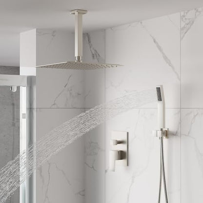 WELLFOR 12-In Ceiling Mount Shower System with Single Handle, Pressure-balanced Valve Included, Waterfall Dual Head Shower Head System, Rain Shower System, Shower Faucet Trim Kits, Brushed Nickel - color: Brushed Nickel, style: Ceiling Mount 12-Inch