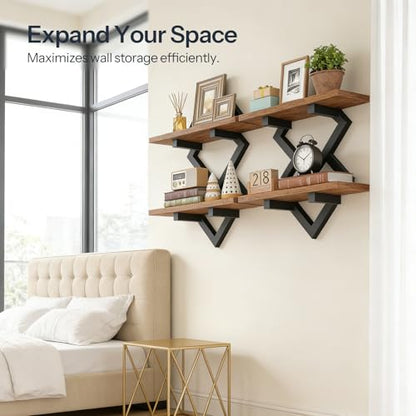 HOOBRO 15" Floating Shelves for Wall, Set of 2 Wall shelf, 2-Tier Hanging Shelves, Wall Mounted Storage Shelf, Display Rack, for Living Room Bedroom Kitchen Bathroom, Rustic Brown and Black BF14BJP201 - color: Rustic Brown + Black