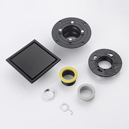 6 Inch Shower Drain Square Black Matte，with Adjustable Drain Flange Kit Base PVC, Removable Grid Strainer Cover and Invisible Floor Tile Insert, SUS304 Stainless Steel - color: Matte Black