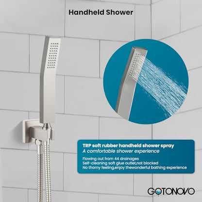 gotonovo Ceiling Shower System with Handheld Brushed Nickel,10 inch Head | Ceiling Mount Bathroom Shower Faucet Set,SUS304 Rainfall Head and Handle Set Combo,Brass Valve Trim Kit,All Metal - color: Nickel, size: 10 inch Head