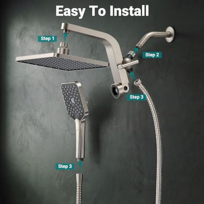 12" XXL Rainfall Shower Head with Handheld Combo Set, Nickel Brushed | High Pressure, Magnetic Docking, Air-Infusion Tech, Anti-Leak One-Piece Design, Dual Square Showerhead - color: Nickel Brushed