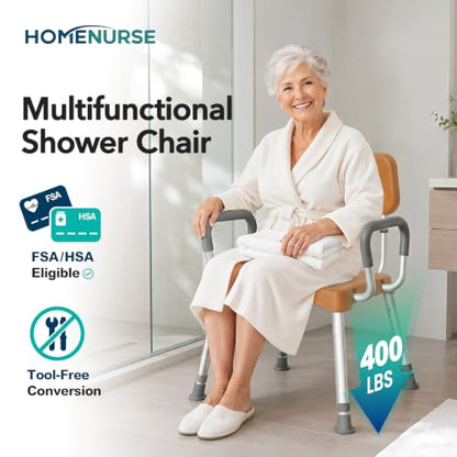 HOMENURSE Shower Chair for Inside Shower, 400 lbs, Wider Seat, Lightweight | 9-Level Height Adjustment, 2.55" Wider Suction Cups, Non-Slip, Tool-Free Conversion, for Seniors Disabled and Recovery - color: Brown