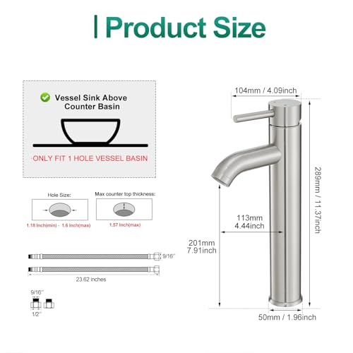 VOTON Vessel Sink Faucet Chrome Modern Tall Bathroom Faucets Single Handle One Hole Rv Vanity Lavatory Bathroom Sink Faucet - color: T-Brushed Nickel, size: Tall