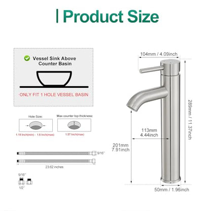 VOTON Vessel Sink Faucet Chrome Modern Tall Bathroom Faucets Single Handle One Hole Rv Vanity Lavatory Bathroom Sink Faucet - color: T-Brushed Nickel, size: Tall