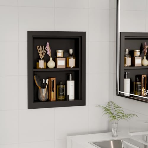 Solid Wood 14 X 18 Recessed Medicine Cabinet,2-Tier, Medicine Cabinet Organizer,Wall Niche, Bathroom Wall Cabinet Black - color: Black, size: Classic 2-Tier
