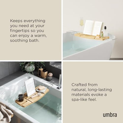 Umbra Aquala Bath Caddy, Extendable Bathtub Tray with Phone Holder, Natural | Bamboo, non-slip silicone arms, fits most tubs, waterproof, holds book and wine glass - color: Natural