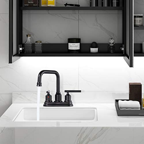 WOWOW Oil Rubbed Bronze Bathroom Faucet for Bathroom Sink Faucet 3 Hole Lavatory Faucet 2 Handle Vanity Faucet with Drain and Supply Hose Mixer Tap High Arc Swivel Spout - color: Oil Rubbed Bronze, style: Centerset - 4 Inch