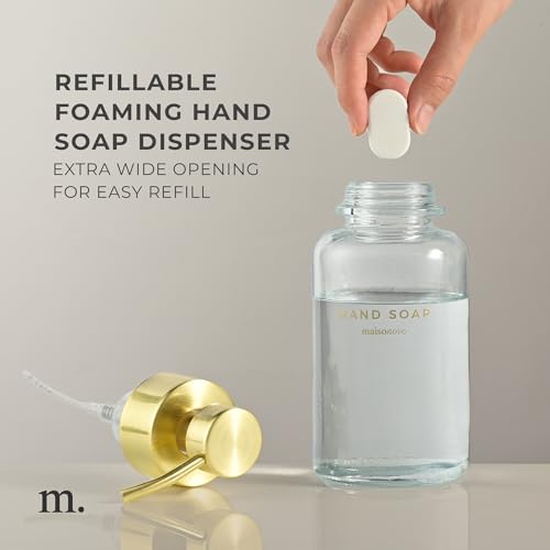 MaisoNovo Glass Foaming Hand Soap Dispenser 14 Oz | Gold Foaming Soap Dispenser Clear Bottle Gold Pump x 1 w/Labels