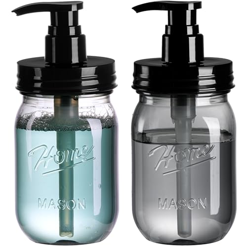 Amolliar Plastic Mason Jar Soap Dispenser with Pump Lid 16OZ -2 Pack Black | Refillable BPA-Free Hand Soap Dispenser Set with Cute Lables, Farmhouse Decor for Kitchen Bathroom Liquid Dish Soap Lotion - color: Black Jar + Black Pump