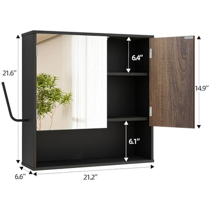 Bathroom Cabinet with Mirror & LED, Wall Mounted Bathroom Cabinet,Side Hook | Magnetic mirror Door,Detachable magnetic Light ,Adjustable Shelves,Side Hook,Open Bottom Shelf,Wood Grain,Over Toilet Mount - color: Black&walnut
