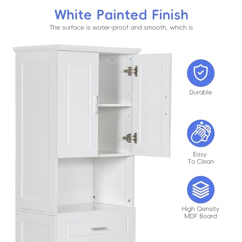 JIVOIT 70" H Tall Bathroom Cabinet with Laundry Basket, Double Storage Cabinets with Doors and Open Space, Tilt-Out Laundry Hamper and Upper Storage - color: White * 102