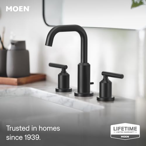 Moen Gibson Two-Handle High Arc Widespread Modern Bathroom Sink Faucet for 3-Hole Setups with Valve Included, Matte Black, TV6142BL - color: Matte Black, style: Valve + Trim