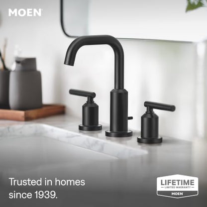 Moen Gibson Two-Handle High Arc Widespread Modern Bathroom Sink Faucet for 3-Hole Setups with Valve Included, Matte Black, TV6142BL - color: Matte Black, style: Valve + Trim