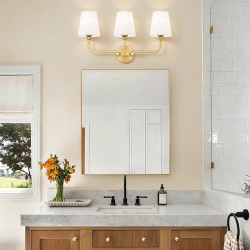 MOKATNG Bathroom Light Fixtures, 3-Light Brushed Gold Vanity Lights, Bathroom Lighting Fixtures Over Mirror with Flared White Fabric Shade, Modern Wall Sconces for Living Room Hallway - color: Brushed Gold & White Shade
