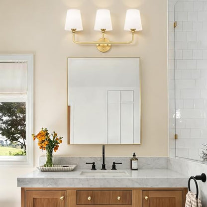 MOKATNG Bathroom Light Fixtures, 3-Light Brushed Gold Vanity Lights, Bathroom Lighting Fixtures Over Mirror with Flared White Fabric Shade, Modern Wall Sconces for Living Room Hallway - color: Brushed Gold & White Shade