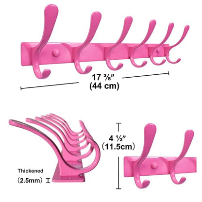 SKOLOO Wall Mounted Coat Rack - 6 Hooks, Pack of 2, Heavy Duty, Stainless Steel, Metal Wall Hanger, Sturdy Coat Hooks for Hanging Coats, Jackets, Clothes, Hats - Pink - color: Pink, size: 6 Hook(2 Pack)