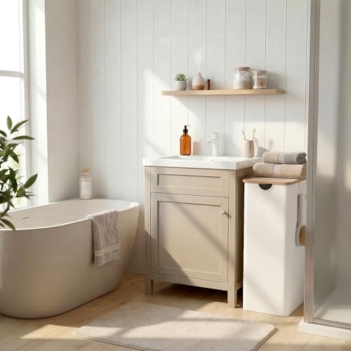 efluky Slim Laundry Basket with Lid, Narrow Laundry Hamper with Removable Bag, Skinny Dirty Clothes Basket with Bamboo Handles for Bathroom, Bedroom & Laundry Room, 90L Beige - color: Beige, size: 90L