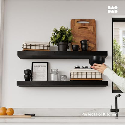Solid Wood Floating Shelves for Wall 30 Inches Long, Black Wooden Shelf | Real Wood, 30 Inch, Bathroom Shelf Large, Heavy Duty, Wall Mounted, Kitchen Bedroom, Black Finish, 30W × 6.7D, Set of 2 - color: Black, size: 30 Inch