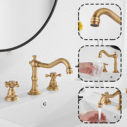 8 inch 2 Handles 3 Holes Widespread Bathroom Sink Faucet Antique Brass Bathroom Vanity Faucet Basin Mixer Tap Faucet Matching Metal Pop Up Drain with Overflow - color: Antique Brass, style: Metal Cover