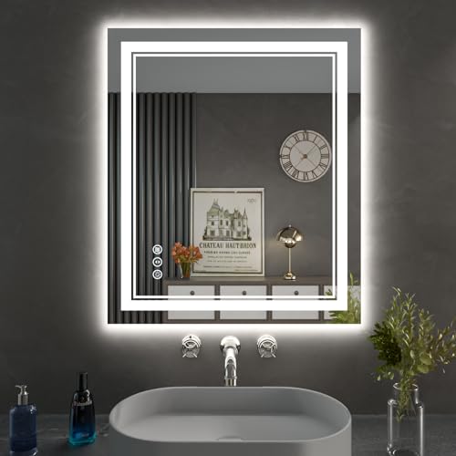 24x28 Inch LED Bathroom Mirror with Lights | Front and Backlit, 3 Colors, Dimmable, Memory, Anti Fog, Shatterproof, Horizontal/Vertical, Lighted Mirrors for Bathroom Wall - color: Dual Lights, size: 24"L x 28"W