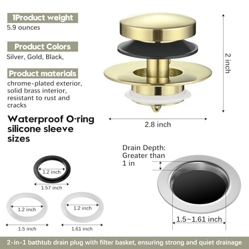 Universal Bathtub Stopper, Pop Up Bath Tub Drain Stoppers, EZ Install Bathtub Drain Replacement Trim Kit, Replaces Lift and Turn, Tip-Toe and Trip Lever Drains for Tub(Brushed Gold) - color: Brushed Gold