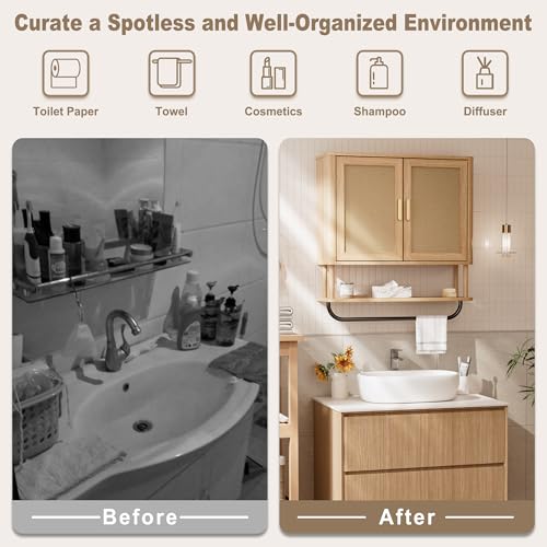 Rattan Bathroom Wall Cabinet with Towel Bar, Wall-Mounted Medicine Cabinet with Adjustable Wood Shelf & Doors, Over the Toilet Storage Cabinet for Laundry Room & Kitchen & Living Room - color: Rubberwood