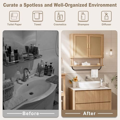 Rattan Bathroom Wall Cabinet with Towel Bar, Wall-Mounted Medicine Cabinet with Adjustable Wood Shelf & Doors, Over the Toilet Storage Cabinet for Laundry Room & Kitchen & Living Room - color: Rubberwood