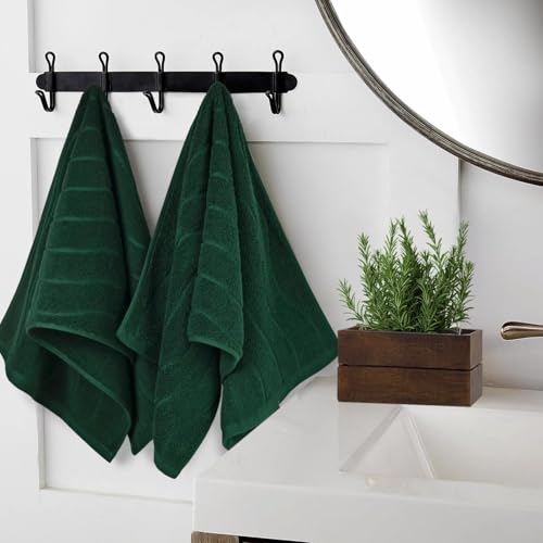 2-Piece Hand Towels Set in Forest Green, Wavy Striped Jacquard Towels | for Bathroom Kitchen (13x29 Inches, Cotton) - color: Forest Green
