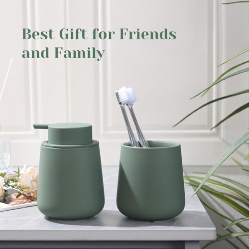 INGOFIN Ceramic Toothbrush Holder for Bathroom, Green Toothpaste Cup | 12oz Toothbrush and Toothpaste Holder for Bathroom Vanity and Countertop, for Cosmetic, Makeup Brush and Office Pencils - color: Matte Green