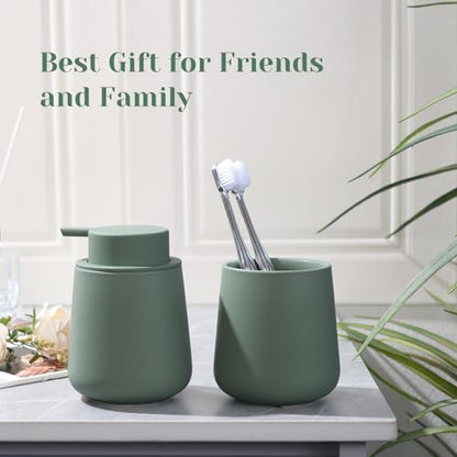 INGOFIN Ceramic Toothbrush Holder for Bathroom, Green Toothpaste Cup | 12oz Toothbrush and Toothpaste Holder for Bathroom Vanity and Countertop, for Cosmetic, Makeup Brush and Office Pencils - color: Matte Green