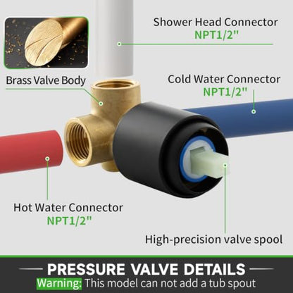 SOLVEX Shower Faucet Set with Valve Rain Shower System Head Stainless Steel Wall Mount Single Handle Shower Trim Kit 6 Inch High Pressure Shower Head Matte Black SP-90103-N - color: Black