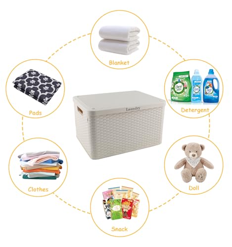 Laundry Hamper with Lid, Plastic Laundry Baskets, Dirty Clothes Hamper, Hampers for Bedroom and Bathroom, Large Capacity Clothing Storage Bin for Closet Organization, Space Saving Design