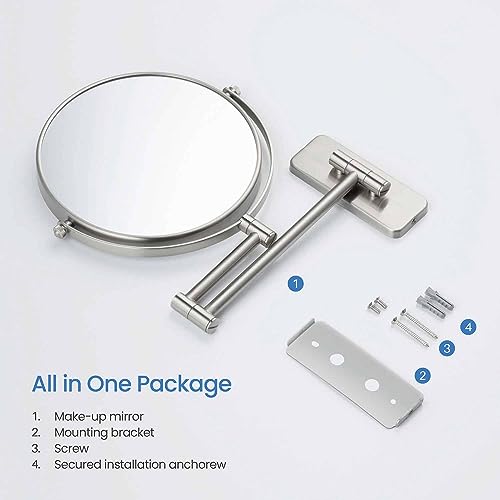 Circular Wall Mount Makeup Mirror, Dual-Sided 1x/5x Magnifying Mirror with Extendable Arm, 360° Swivel, Solid Brass Construction for Durability and Style (Brushed Nickel, KMM100) - color: Brushed Nickel