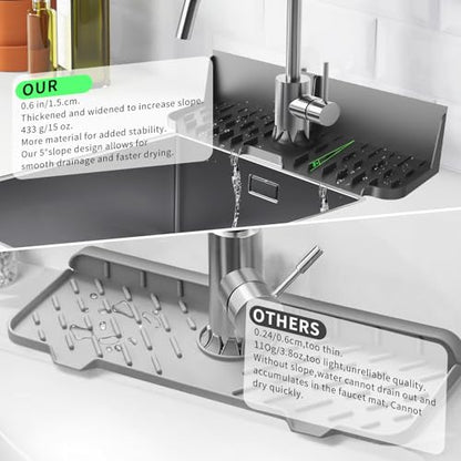 17” x 5.5” Silicone Faucet Handle Drip Catcher Tray Mat, Silicone Faucet Mat Dish Soap Sponge Holder for Kitchen Sink, Drying Mat for Kitchen Counter Bathroom Kitchen Sink Splash Guard - Black - size: 17” Black