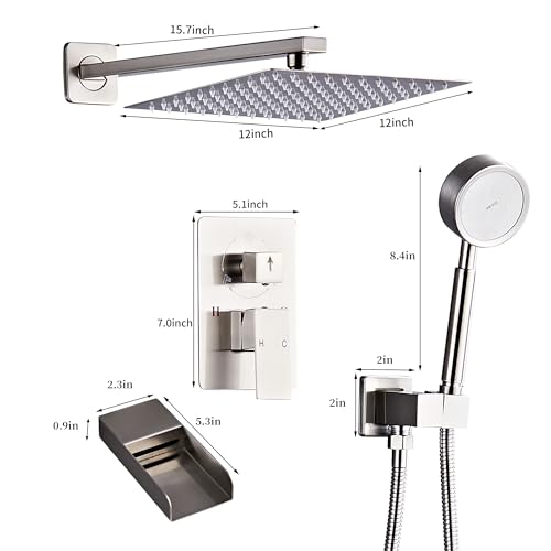 Brushed Nickel Shower Tub Faucet Set, Wall Mounted 12 Inch Shower Heads with Handheld Spray Combo and Tub Shower Faucet, Luxury Bathroom Square Rain Shower System - 4 Hooks - color: Brushed Nickel, style: 12 Inch with Tub Spout