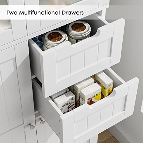 BOTLOG 67'' Tall Bathroom Storage Cabinet, Linen Cabinet with Glass Doors and Adjustable Shelves, Kitchen Pantry with 2 Drawers for Bathroom, Living Room, Dining Room, White | Frosted Glass Doors, Wood Drawers, Kitchen Pantry, Line Cabinet for Bathroom, L