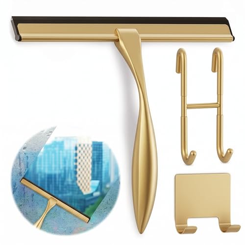 Gold Squeegee for Shower Glass, 10" Silicone Blade, Stainless Steel | Shower Door Squeegee with Hook, Adhesive Mount; All-Purpose Bathroom Tile, Mirror, & Window Wiper for Streak-Free Cleaning - color: Gold, size: 10 Inch