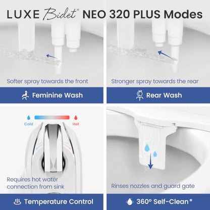 LUXE Bidet NEO 320 PLUS - Warm Water Bidet Attachment for Toilet, White | Non-Electric, Warm Water, Dual Nozzle, Slide-In Install, 360° Self-Clean, EZ-Lift to Clean, Feminine & Rear Wash - color: White