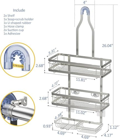 OMAIRA Shower Caddy Hanging with Soap Scrub Holder, Stainless Steel Adjustable No Drilling Non-Slip Large Capacity Sturdy Over Shower Head Shower Organizer Inside Shelves Bathroom Storage Rack, Silver - color: Silver